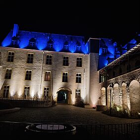 Farbig illuminierte Fassade von Schloß Dhaun bei Nacht